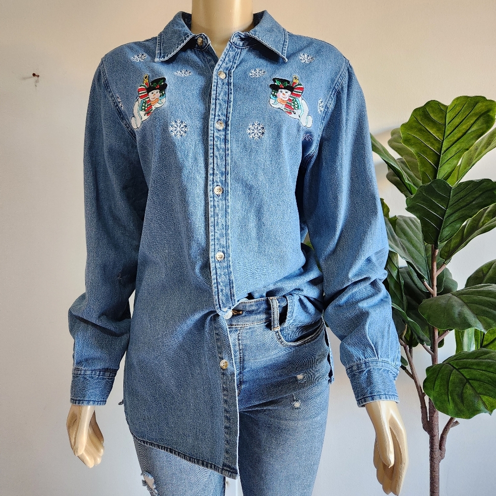 2002 Christopher Radko By Belle Pointe Vintage Chrismast Button Down Shirt Denim